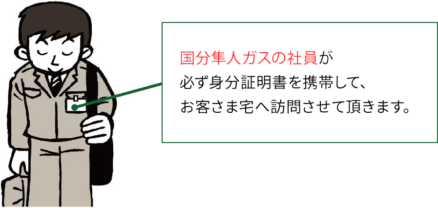 国分隼人ガスの社員が必ず身分証明書を携帯して、お客さま宅へ訪問させて頂きます。