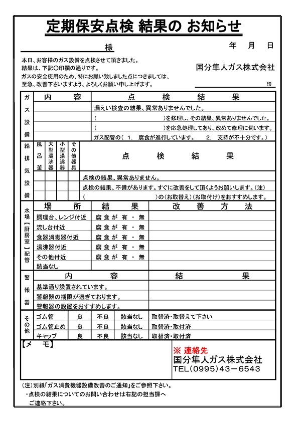 定期保安点検結果表